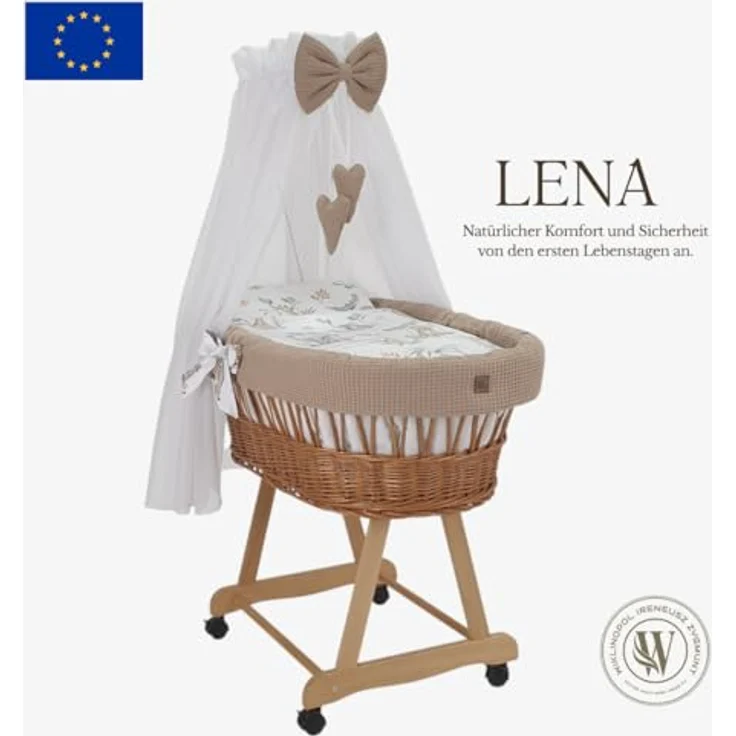 Wiklinopol Stubenwagen aus Weide mit Baldachin und Gestell Lena – Moseskorb in Natur, Komplettset mit 5-TLG. Waffel-Bettwäsche Safari Beige – Mit Rollen, Tragbar, Sicher – Bild 2