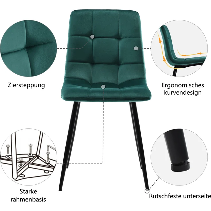 Essgruppe 5-tlg, Esstisch 140x80x75 cm Grau Marmor & 4 dunkelgrüne Samtstühle – Bild 7