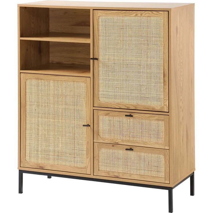 Casâme 'JAYA' Hohe Buffetschrank mit Rattanfronten - L100 x H120 cm - Helles Holz – Bild 5