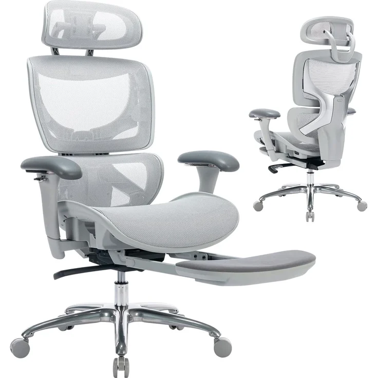 COLAMY Ergonomischer Bürostuhl mit Fußstütze, 3D-Armlehnen, Kopfstütze, Lendenwirbelstütze & Atmungsaktives Mesh – Schreibtischstuhl für Büro & Home Office, Grau