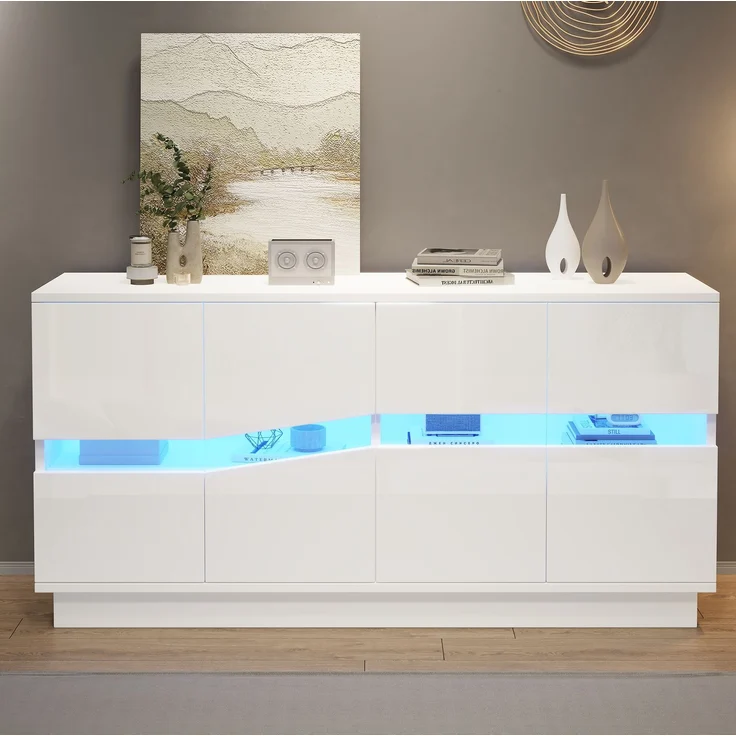 Sideboard 140 x 35 x 70 cm in Weiß mit 4 Türen, verstellbaren Einlegeböden und LED-Beleuchtung – Bild 3