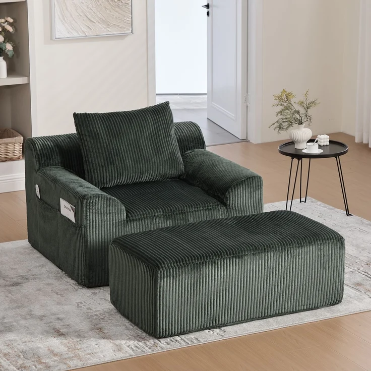 Sessel Cord mit Fußhocker, 147 x 110 x 67 cm,Relaxsessel mit Stauraumtaschen & Federkern, kein Aufbau,Smaragd – Bild 1