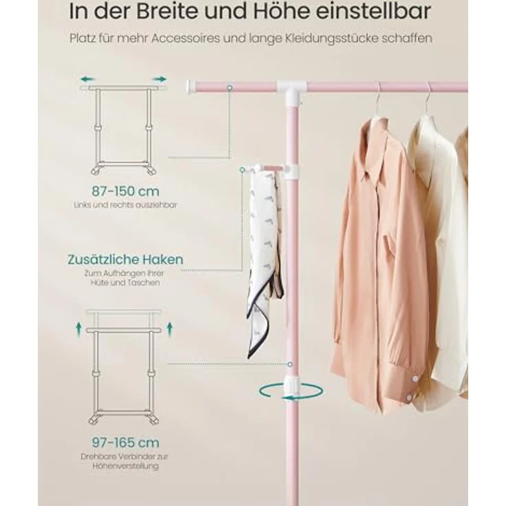 SONGMICS Kleiderständer auf Rollen, Kleiderstange, höhenverstellbar zwischen 97 und 165 cm, ausziehbare Garderobenstange, Garderobenständer, seitliche Haken für Accessoires, pastellrosa LLR001R02 – Bild 4