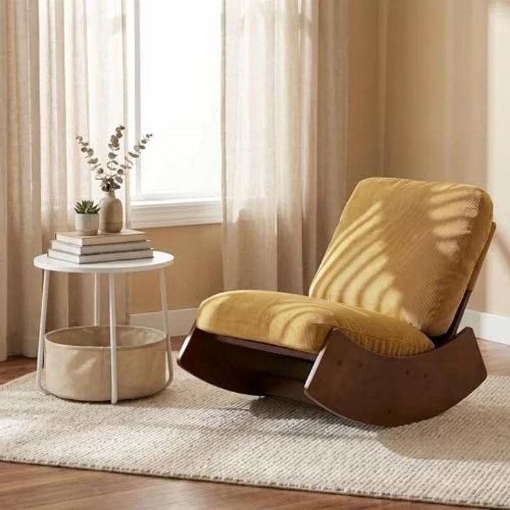 FurnitureR Relaxsessel mit Beistelltisch und Aufbewahrungskorb, Schaukelstuhl Einzelsessel aus Cordstoff mit Rundem Couchtisch 45 cm, Modernes Wohnzimmer Möbel Set, Gelb – Bild 1