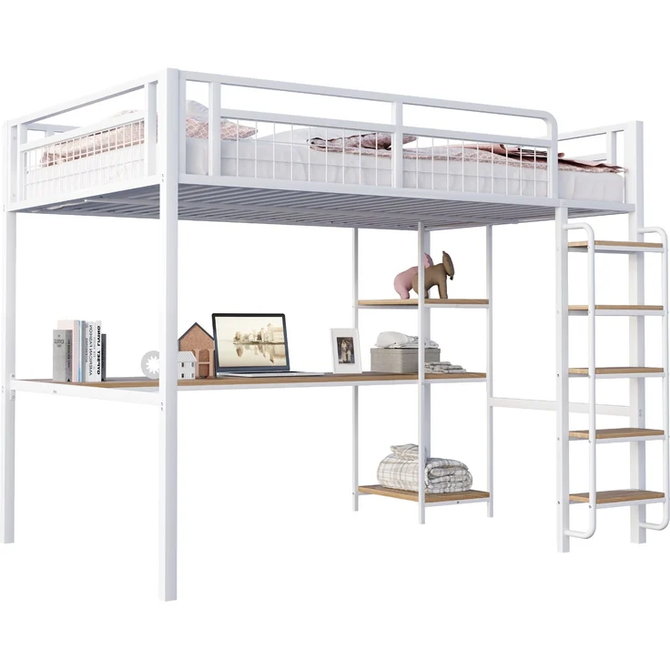 Metall-Hochbett 140x200 cm mit Sicherheitsleiter, Unterbetttisch, Regal, Eisenlattenrost, Kinderbett – Bild 8