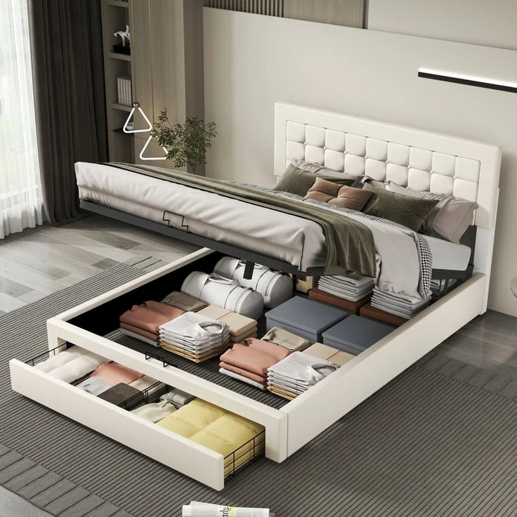 oyajia Polsterbett Doppelbett Polsterbett 140x200cm, Luftdruck anhebbarer Stauraumbett (Leinenmaterial Polsterbett mit Lattenrost und Luftdruckhebel), Modernes Jugendbett, Leises Design, Einfach zu montieren und stabil – Bild 5