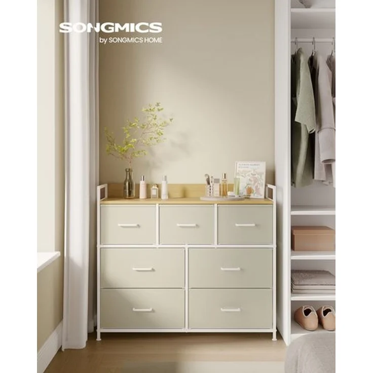 Songmics Kommode mit 7 Stoffschubladen, Holz / Metall cremeweiß-wolkenweiß, 98 x 28,5 x 85 (BxTxH) cm – Bild 2