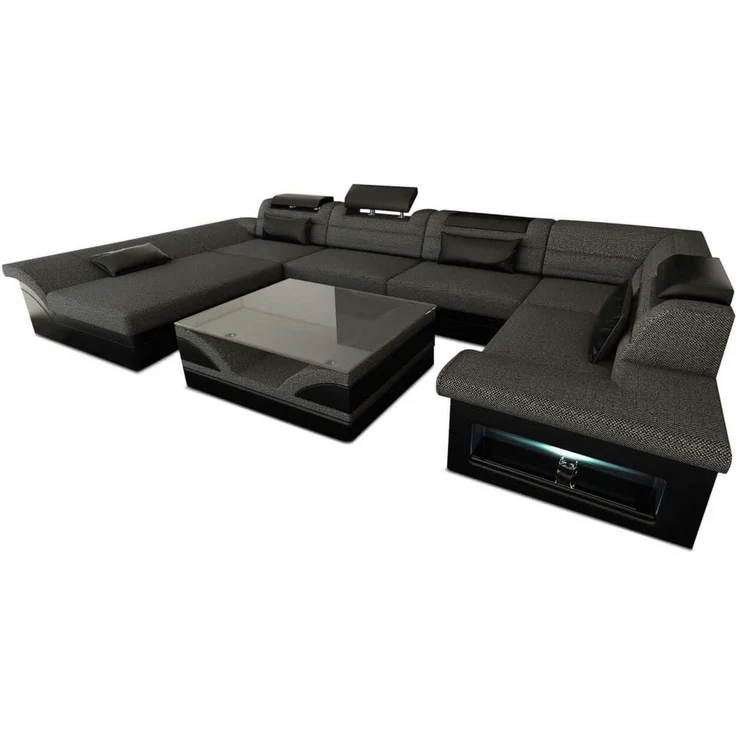 Sofa Dreams - Stoff-Wohnlandschaft Enzo XXL LED U-Form - Strukturstoff - Schwarzgrau-Schwarz - Rechts – Bild 8