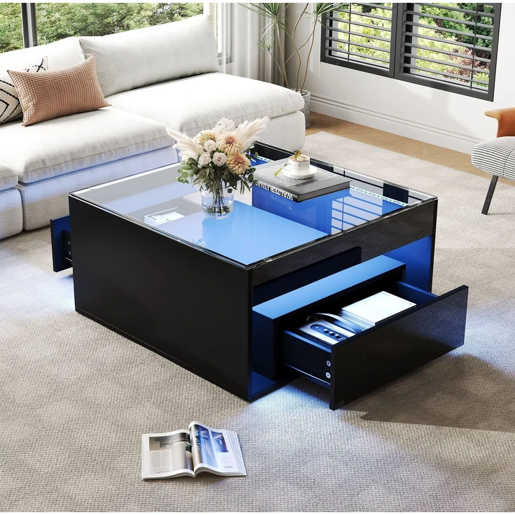 Couchtisch aus MDF und Sicherheitsglas mit LED, 70 x 70 x 35 cm, Schwarz – Bild 3