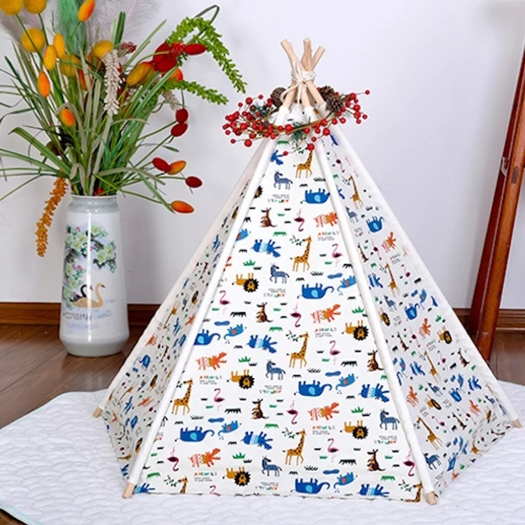 Pettimania Tipi mit Tierprint für Hunde, Maße: 60 x 60 x 90 cm, naturfarben mit buntem Tier-Aufdruck – Bild 2