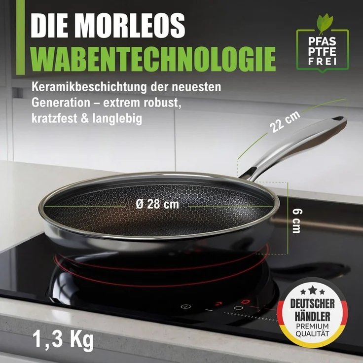 Morleos Bratpfanne 32 cm Keramik Pfanne Induktion Kratzfest Antihaft, Edelstahl (1-tlg, Pro Performance 3.0), 5-Schicht, 3mm, 1,67kg, backofenfest, spülmaschinengeeignet, Antihaft – Bild 2