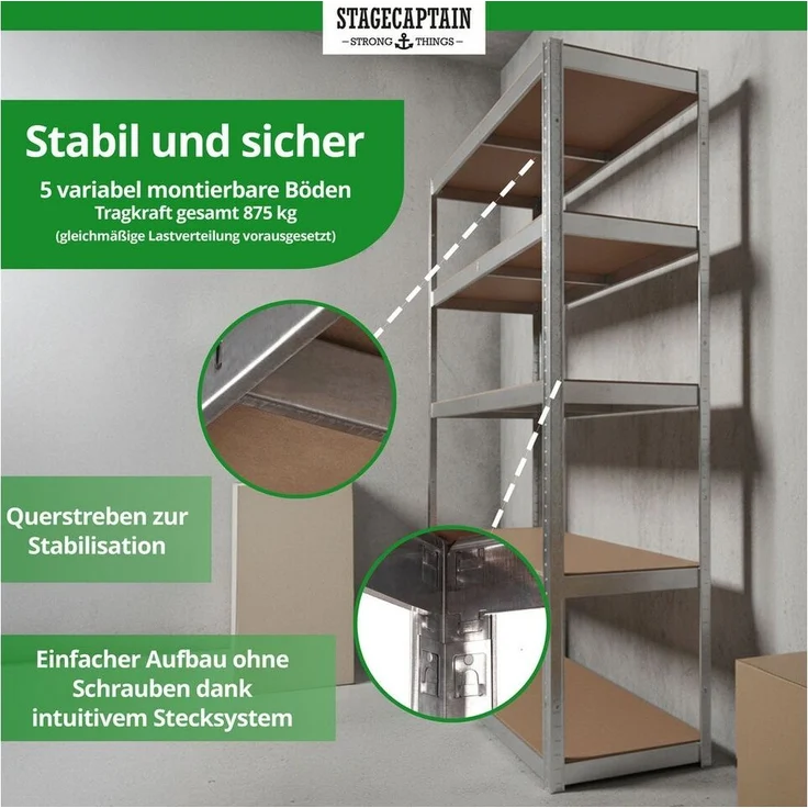 Stagecaptain Schwerlastregal Lagerregal - 5 variabel montierbare Böden - auch als Werkbank umbaubar, Tragkraft pro Boden: 175 kg, gesamt 875 kg – Bild 2