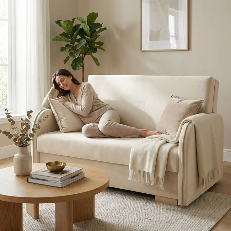 Wohnero 24 Goldi 2 Premium Schlafsofa 124x100 cm mit Schlaffunktion & Bettkasten – 113x195 cm Liegefläche, Hochwertiges Sofa Creme – Bild 1