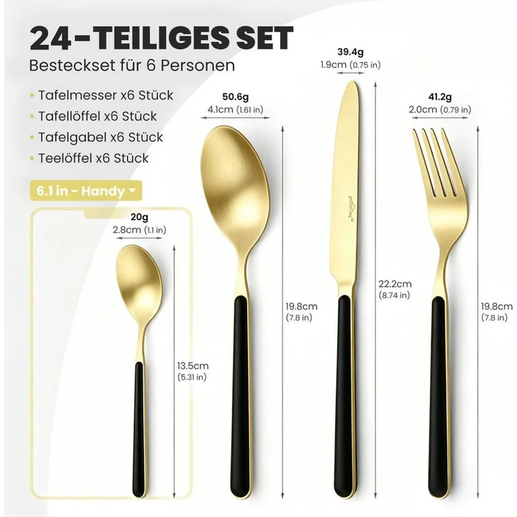 HOMELUX Besteck-Set 24tlg Besteck set,elegante Stilsicherer Optik,ergonomisch,Gold (24-tlg), 6 Personen, Edelstahl, Edelstahl,Titan-Beschichtung,Matt poliert,hochwertiger Besteckkasten – Bild 2