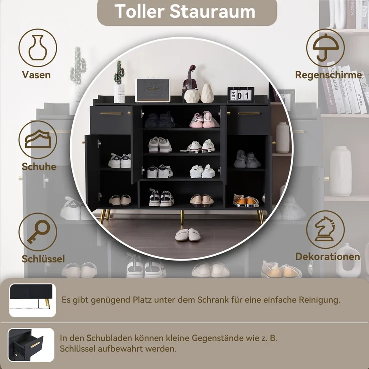Schuhschrank Schwarz Modern Mit 4 Türen Und 2 Schubladen 130cm Breit Aufbewahrungsschrank Mit Offenem Fach Hohe Beine Schuhregal Für Flur Eingangsbereich Schlafzimmer Maximierter Stauraum Für Schuhe Accessoires Kippsicherung Inklusive Hochwertige Spanp... – Bild 4