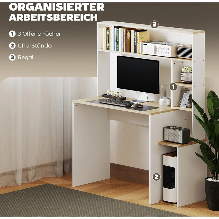 HOMCOM Computertisch mit offenen Regalen, CPU-Ständer, Stahlgestell (Schreibtisch, 1-St, Bürotisch), für Home Office, Schlafzimmer Eiche – Bild 4