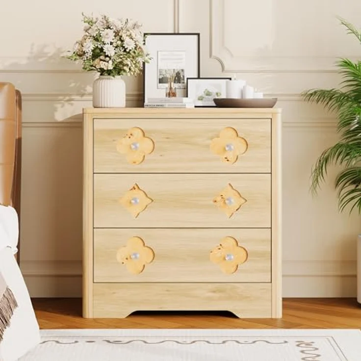 GarveeHome Kommode Mit 3 Schubladen, Nachttisch Mit Durchbrochenem Muster Und Kristallknauf, Dekorativer Beistelltisch Mit 220 kg Tragkraft, Für Wohnzimmer Und Schlafzimmer, 80 x 40 x 77 cm – Bild 4