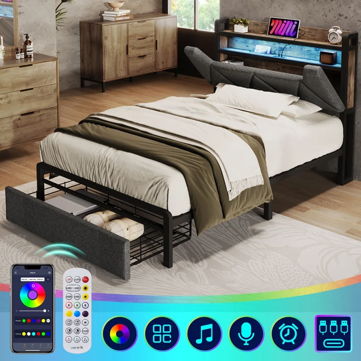 Polsterbett Leinen mit Stauraum-Kopfteil, LED & USB-Anschluss, Schublade, 91x217x110 cm, Grau, ohne Matratze – Bild 8