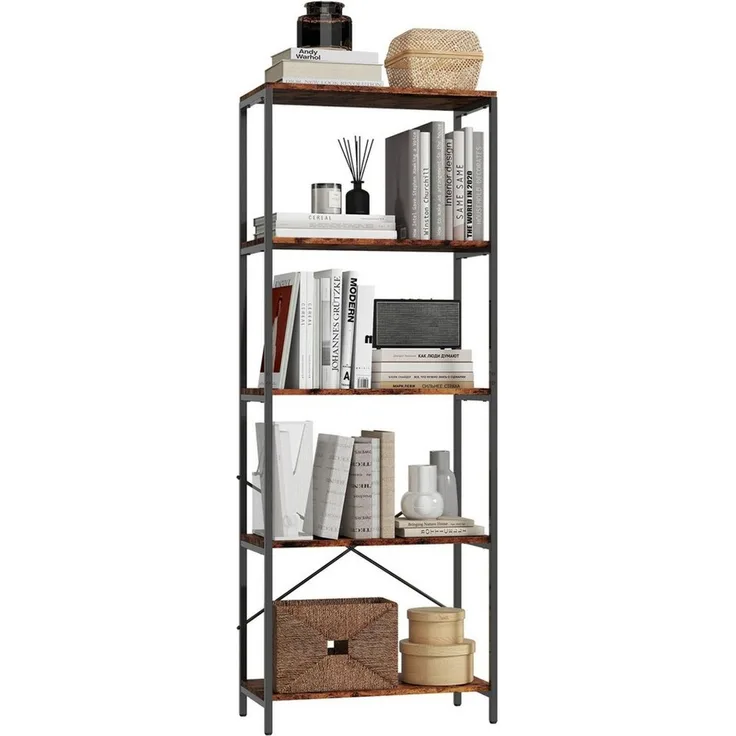 HOMCOM Bücherregal, Standregal mit 5 Ebenen, Industrielles Büroregal mit Metallrahmen, offenes Aufbewahrungsregal für Wohnzimmer, Büro, Arbeitszimmer, 79x35x161 cm, Rustikal-Braun