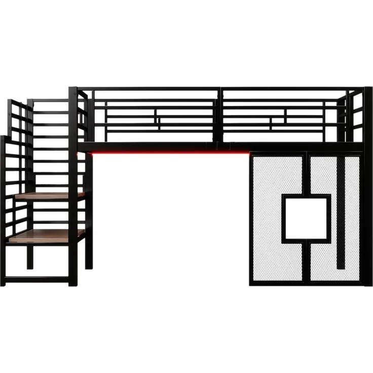 Hochbett mit LED-Streifen, Lattenrost, Rausfallschutz und Fenstern, Treppe mit Regal, 90x200 cm, Einzelbett, Kinderbett, Metall – Bild 7