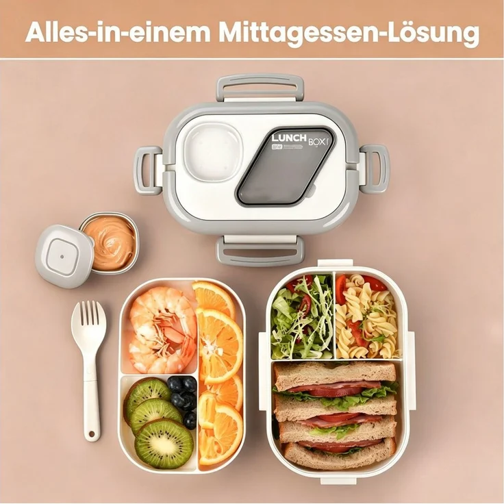 Diwzbyn Lunchbox Bento Box Lunchbox 2-stufig, 6 Fächer, Auslaufsicher, BPA-frei, Mit Saucenbehälter & Besteck, mikrowellengeeignet, 1200 ml – Bild 2