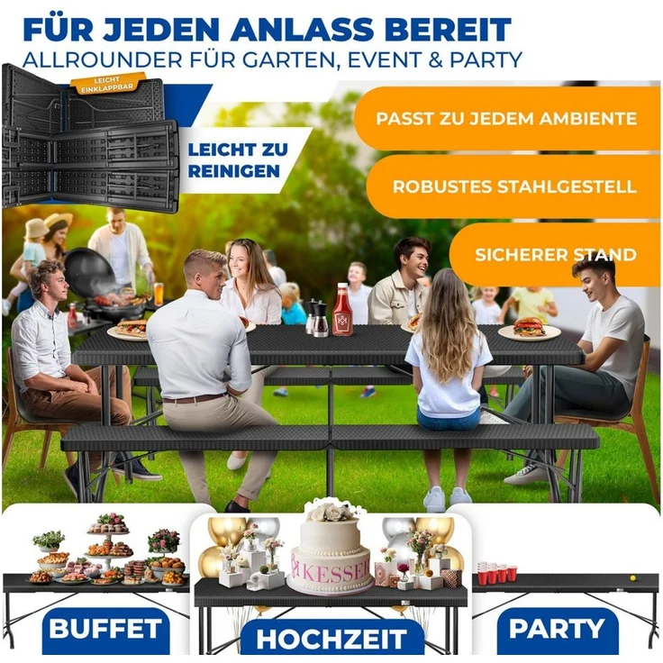 Kesser® Bierzeltgarnitur 3-teilig, klappbar, Polyrattan, 73 x 75 x 180 cm, Schwarz – Bild 2