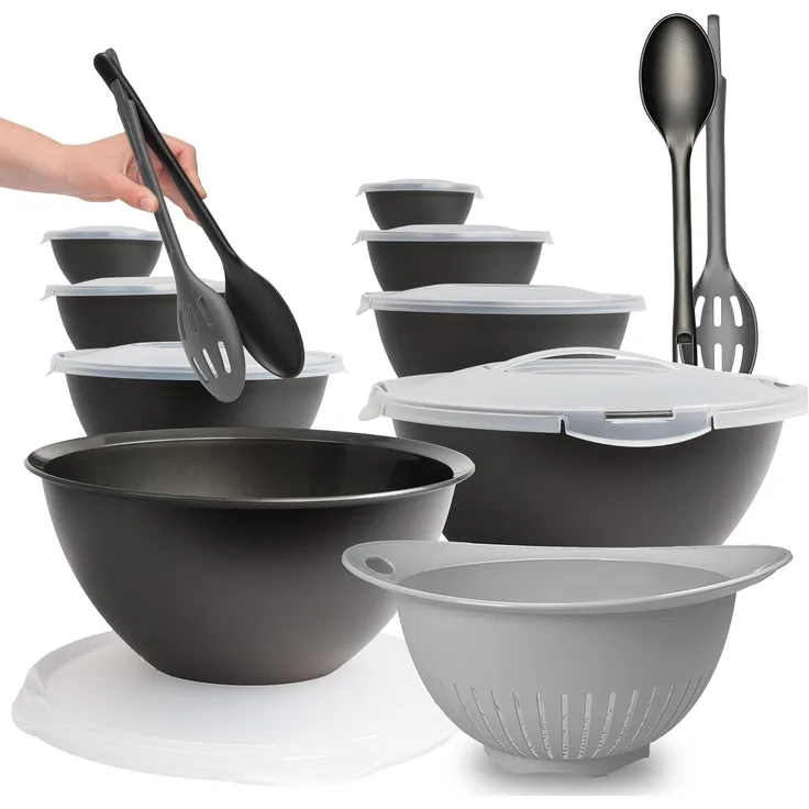 Hausfelder Salatschüssel Set groß, Schüsselset mit Deckel aus Kunststoff BPA-frei, Kunststoff, (Set, 21-tlg), Schüsseln 2x6 L, 2x3,6 L, 2x1,9 L, 2x0,7 L + 2 x Salatbesteck