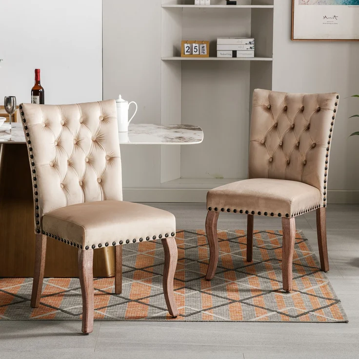 2er Set Esszimmerstuhl Samt gepolstert Massivholz mit Kupfernägeln, modernes Design, komfortabler Sessel,Helles Kamel – Bild 5
