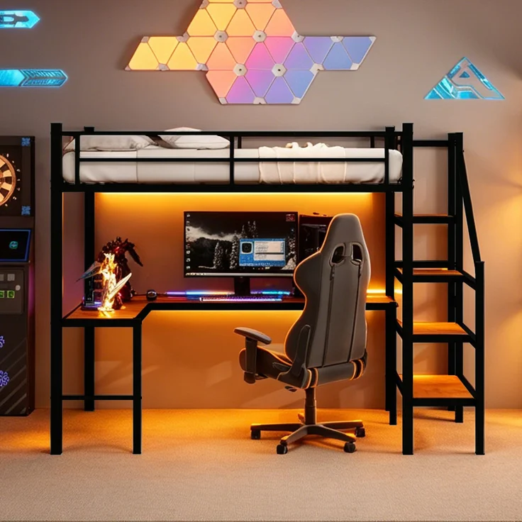 Rayofly-Hochbett mit L-förmigem Schreibtisch H 190cm x T 90cm x B 190cm, großer Stauraum, Regale, Treppe, durchgehendes Sicherheitsgeländer, platzsparend, Schwarz – Bild 8