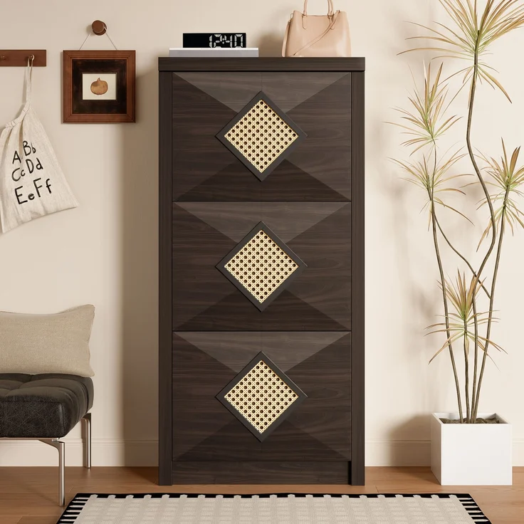 Schuhschrank, Holzoptik mit Rattan-Dekor & 3 Klappfächern, 54x25x115 cm, Walnussfarbe – Bild 5