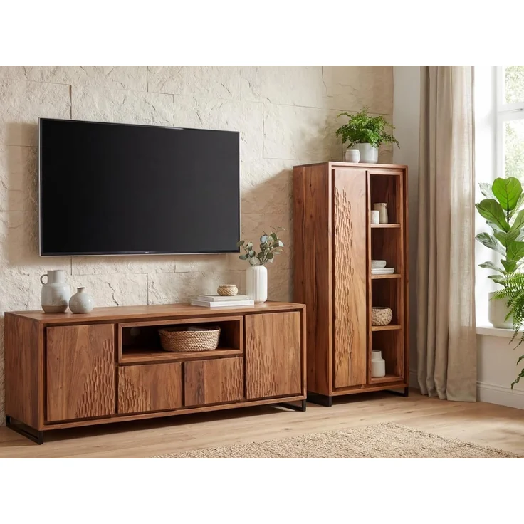 TV-Bank Lowboard 120 cm Massivholz Akazie braun Woodkings Maddox TV-Board Fernsehbank Fernsehtisch Holzbank mit Stauraum 120x45x45 cm – Bild 2