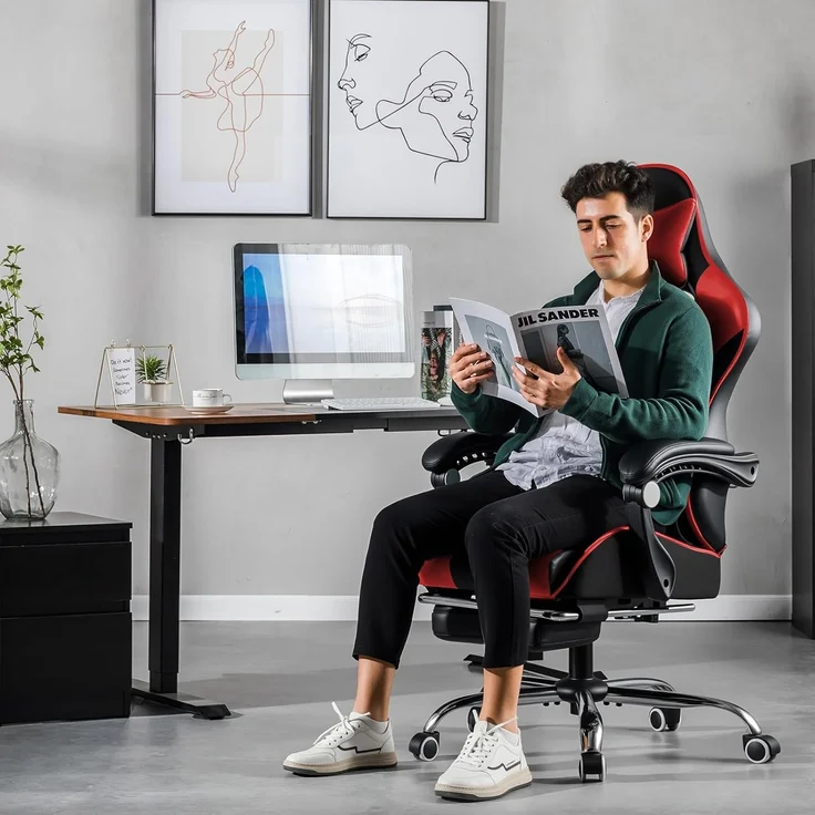 GTPLAYER Gaming Stuhl, Bürostuhl, Ergonomischer Pc Stuhl, Gaming Sessel mit Massagelendenwirbelstütze, Task Stühle mit Fußstütze und Kopfstütze, Rot Kunstleder – Bild 2