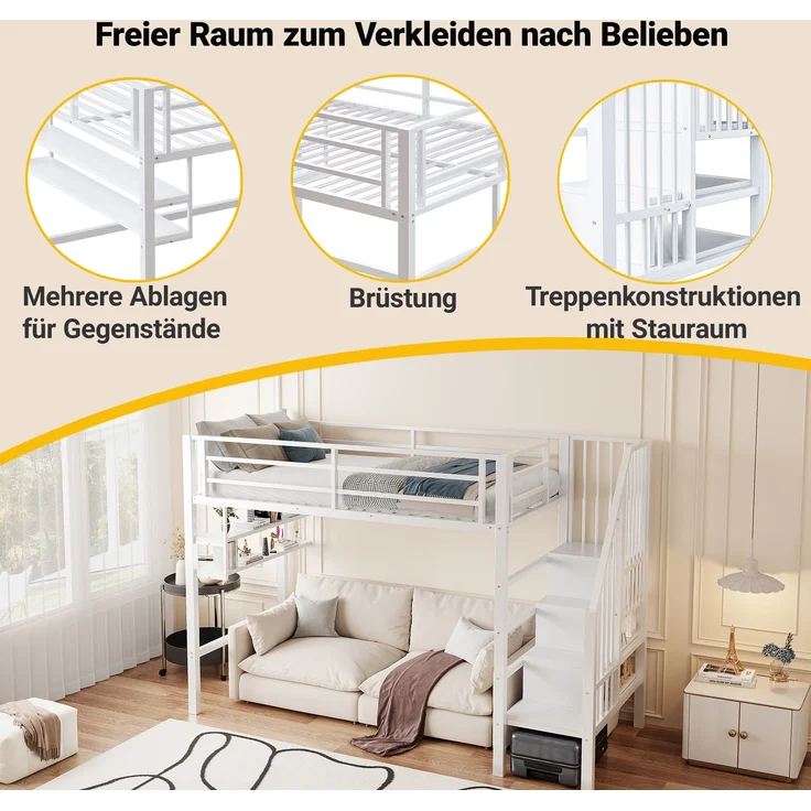 Kinder Hochbett 90x200 cm Metall mit Regalen Stauraum Leiter und Spielbereich unter dem Bett Weiss – Bild 5
