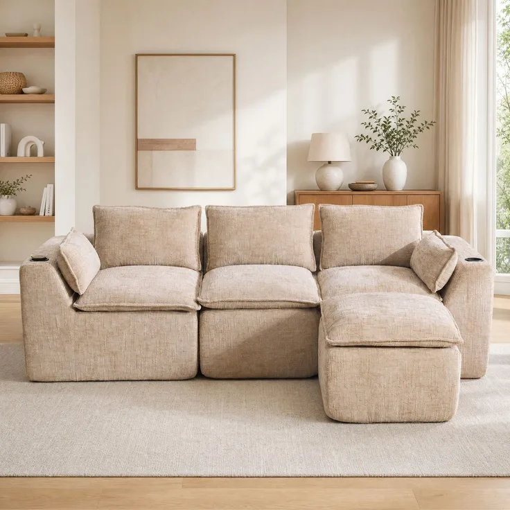 DESVIAE Sofa 3-Sitzer modular mit Fußhocker und Seitentaschen 256x75x161 cm Chenille khaki