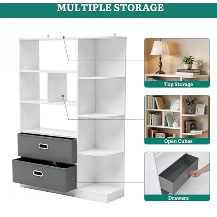 YITAHOME Freistehendes Bücherregal, Regal mit 8 offenen Regalböden und 2 Stoffschubladen, Beistellschrank für Wohnzimmer, Schlafzimmer, Büro, Weiß, 80 B × 24 T × 115 H cm – Bild 5