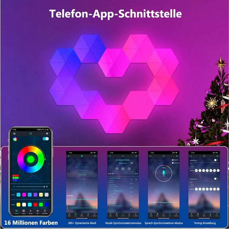 Lapamax LED Wandleuchte Modulare RGBIC LED-Wandpaneele mit Bluetooth-App und Musikmodus, Farbwechsel, dimmbar, Musiksynchronisation und Timer, LED, RGBIC, mehrfarbig, Sechseckige Lichtmodule frei kombinierbar, mit Fernbedienung und USB – Bild 4