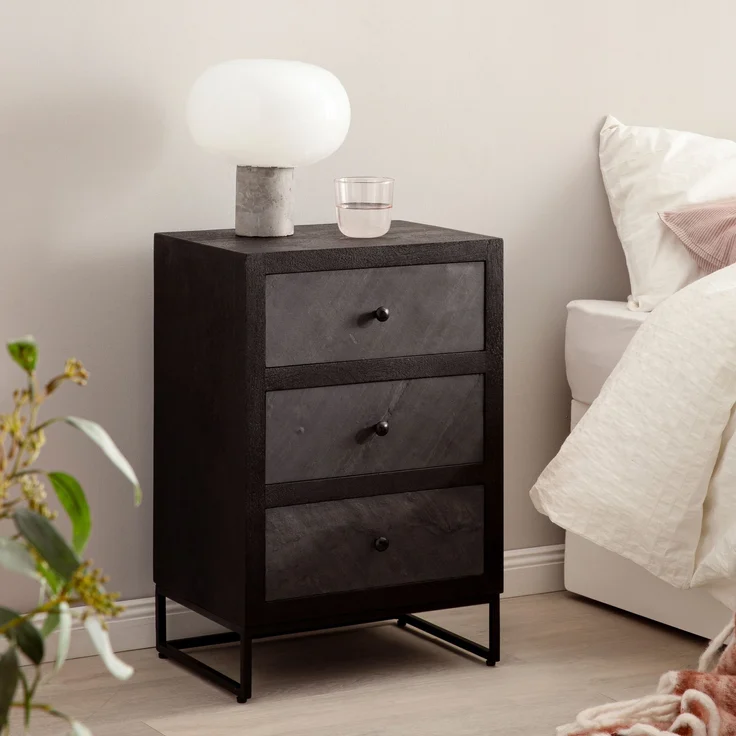 FineBuy Nachttisch aus Mango Massivholz mit Fronten in Steinoptik und 3 Schubladen – Design Nachtkonsole, Nachtschrank für Boxspringbett - Nachtkästchen 40x60x30 cm – Bild 1