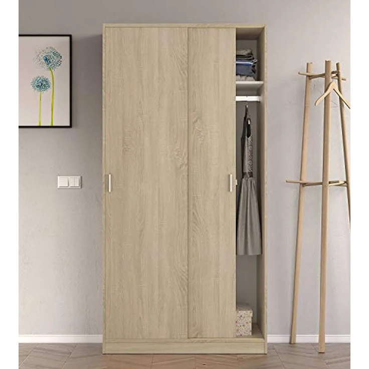Kleiderschrank mit zwei Schiebetüren mit Kleiderstange und einem Innenregal, Eichenfarbe, Maße 100 x 200 x 50 cm – Bild 3
