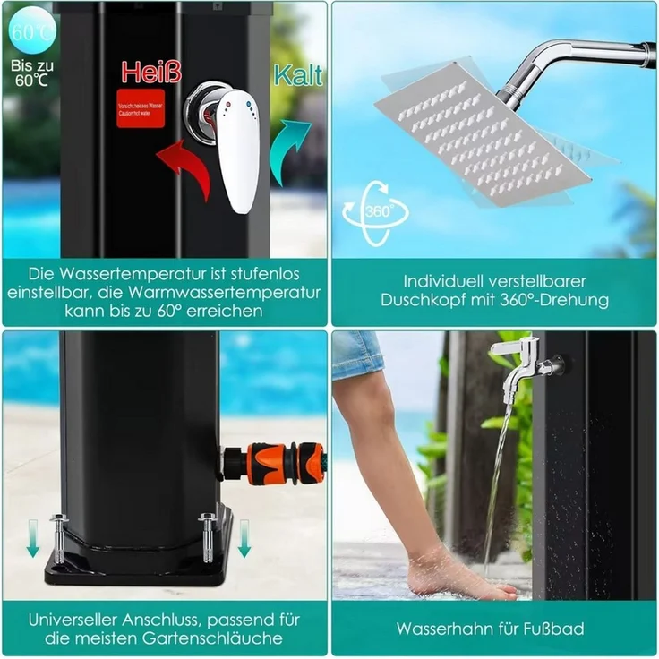 TLGREEN Gartendusche Solardusche Warmwasser bis 60°C, mit Regenduschkopf (35 L/40L/60L mit Seifenkiste & Schutzhaube, ohne Stromanschluss), Pooldusche Camping für Garten, Balkon & Pool – Bild 4