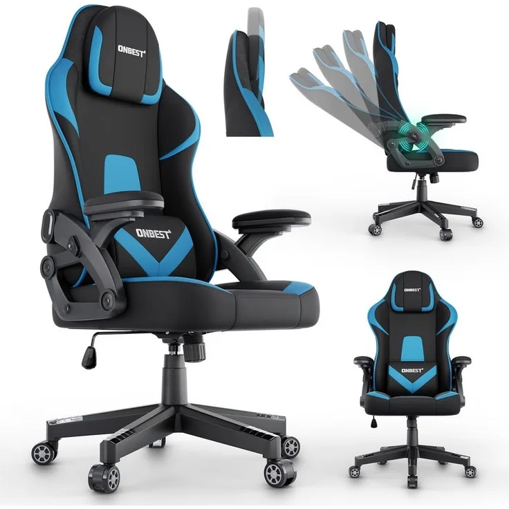 Onbest Gaming-Stuhl ergonomisch mit Lordosenkissen bis 150kg, 360°, verstellbare Armlehnen Kopfstütze Rückenlehne
