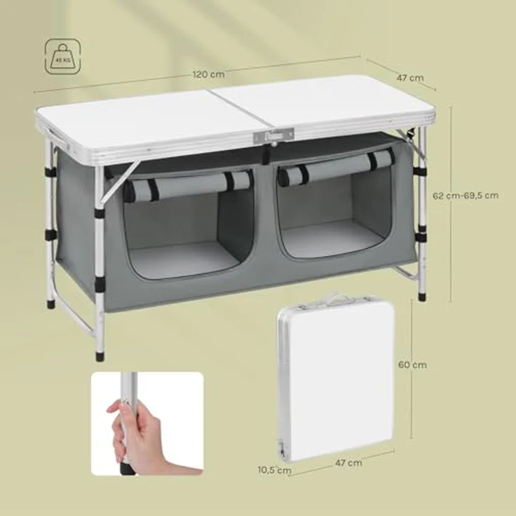WOLTU faltbar Campingschrank Alu Campingtisch Höhenverstellbar mit Stauraum, Outdoor Campingmöbel Klapptisch Gartentisch für Picknick Strand im Freien, Weiß+Grau – Bild 4