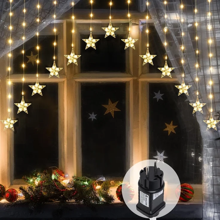SALCAR 3m LED Sternen Lichtervorhang, 222 LED mit 16er Stern LED Lichterkette Sterne, Fenster Deko LED Stern mit timer, Weihnachtsbeleuchtung für Weihnachten Balkon Party Hochzeit - Warmweiß – Bild 1