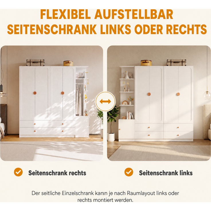 Kleiderschrank 225 x 45 x 200 cm in Weiß mit 3 Kleiderstangen und 4 Schubladen – Bild 8