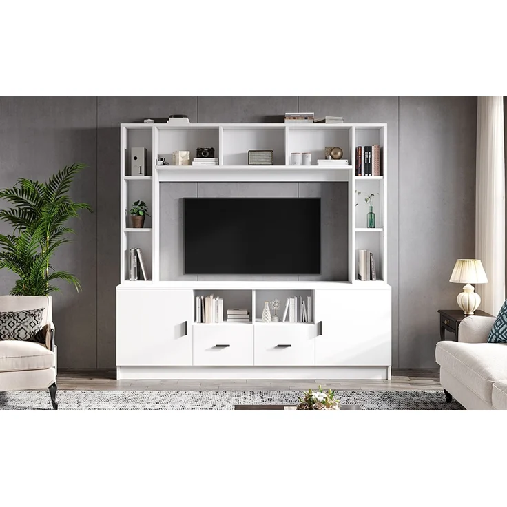 180*35*170cm TV Wohnwand-set mit Vitrine,Mediawand inkl. TV-Board-set und Regal,TV Wohnzimmermöbel-Set mit 2 Schränke, 2 Schubladen , 11 Staufächer, Anbauwand, Wohnzimmerwand, TV bis 60',Weiß--Weiß--180x35x170cm--YOUDENOVA – Bild 9