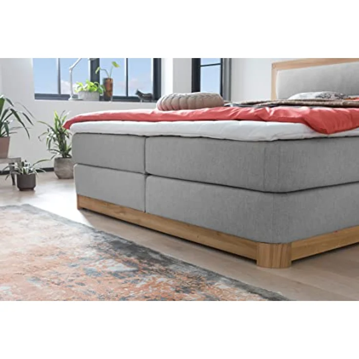 Belanoti Boxspringbett Age (Boxspringbett 180x200 Eiche 7-Zonen Taschenfederkern Matratze, inkl Visco Topper Bett 180x200 in der Farbe Hellgrau H2/H3 Polsterbett), Hotelbett mit Massivholz Eiche Massivholzbett – Bild 8