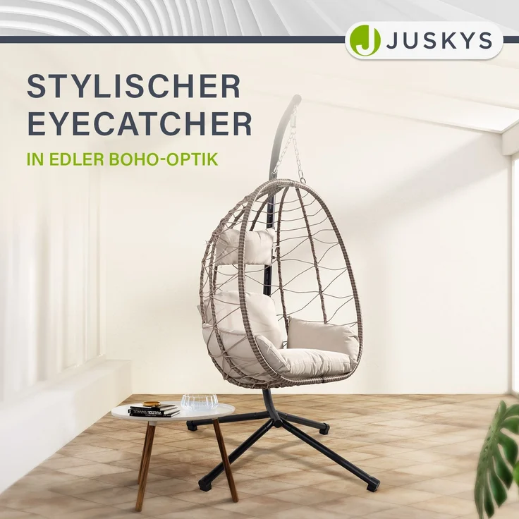 Juskys 'Aria' Hängesessel mit Kissen, höhenverstellbar & faltbar, Polyrattan beige, bis 130 kg belastbar – Bild 7