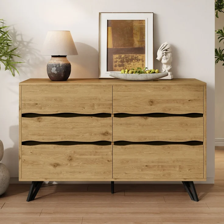 DESVIAE Sideboard mit 6 Schubladen 120x75,5x40 cm aus Spanplatte in Holzfarbe – Bild 6