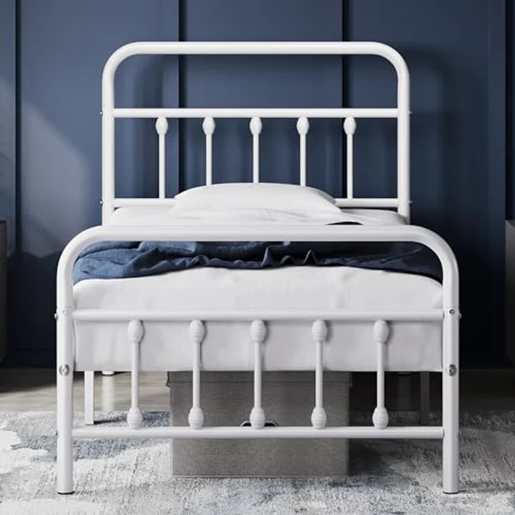 Yaheetech Bettrahmen Vintage Stil 90x200 cm Metallbett Bettgestell aus Metall mit Lattenrost, Modern Gästebett Jugendbett, Weiß – Bild 2