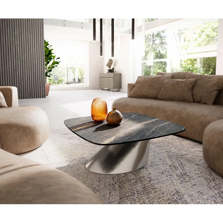 Couchtisch Edge Boot 90x90 cm Keramik Laminam® Noir Desir Braun Conis Edelstahl gebürstet