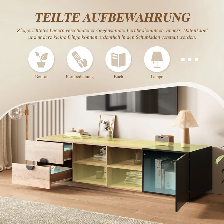 Fernsehtisch, Holzwerkstoff mit LED & Schublade, 180x38,5x47 cm, Schwarz/Natur – Bild 7